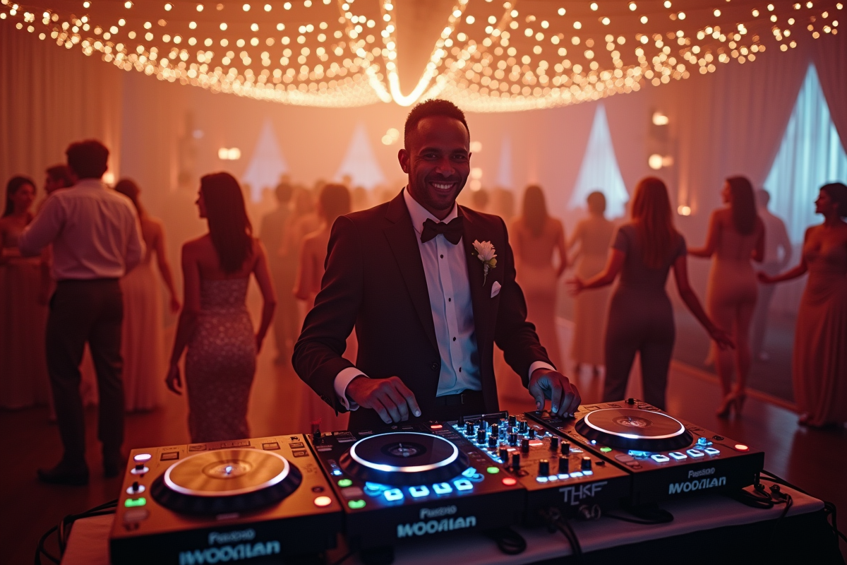 DJ de mariage souriant derrière un booth moderne lors d'une réception élégante