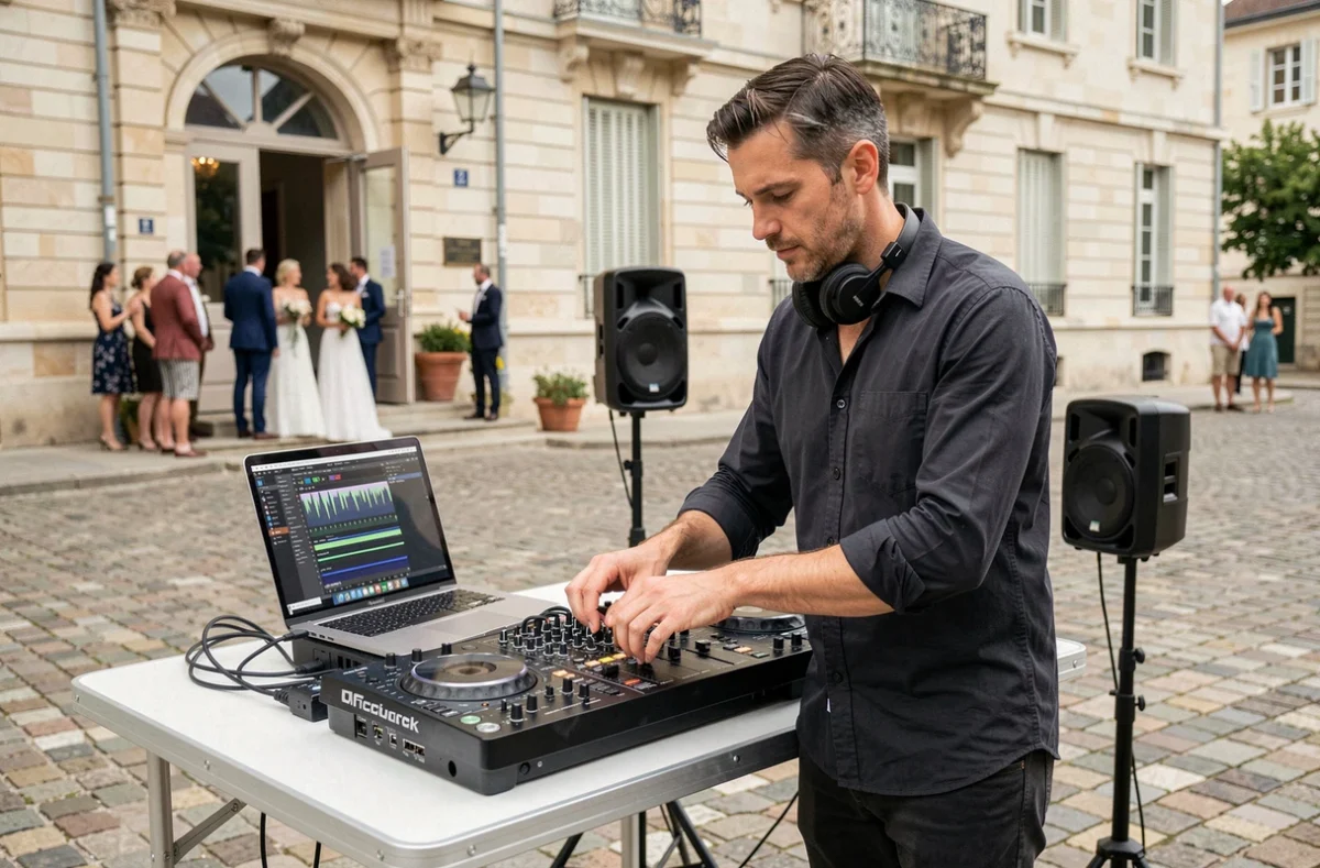 DJ de mariage installant son matériel audio devant la mairie pour coordonner la musique de sortie des mariés