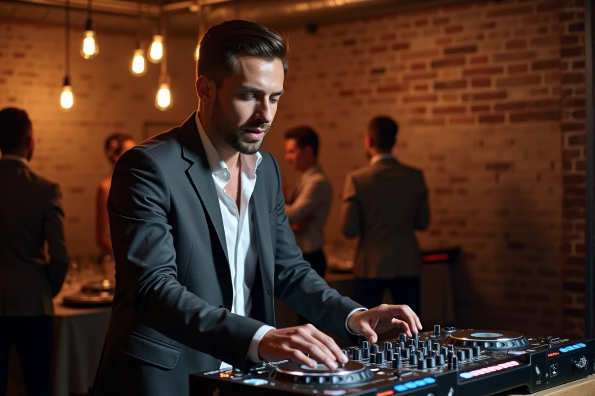 DJ masculin en blazer charbon derrière sa console dans un loft industriel décoré pour un mariage avec murs en briques et guirlandes Edison