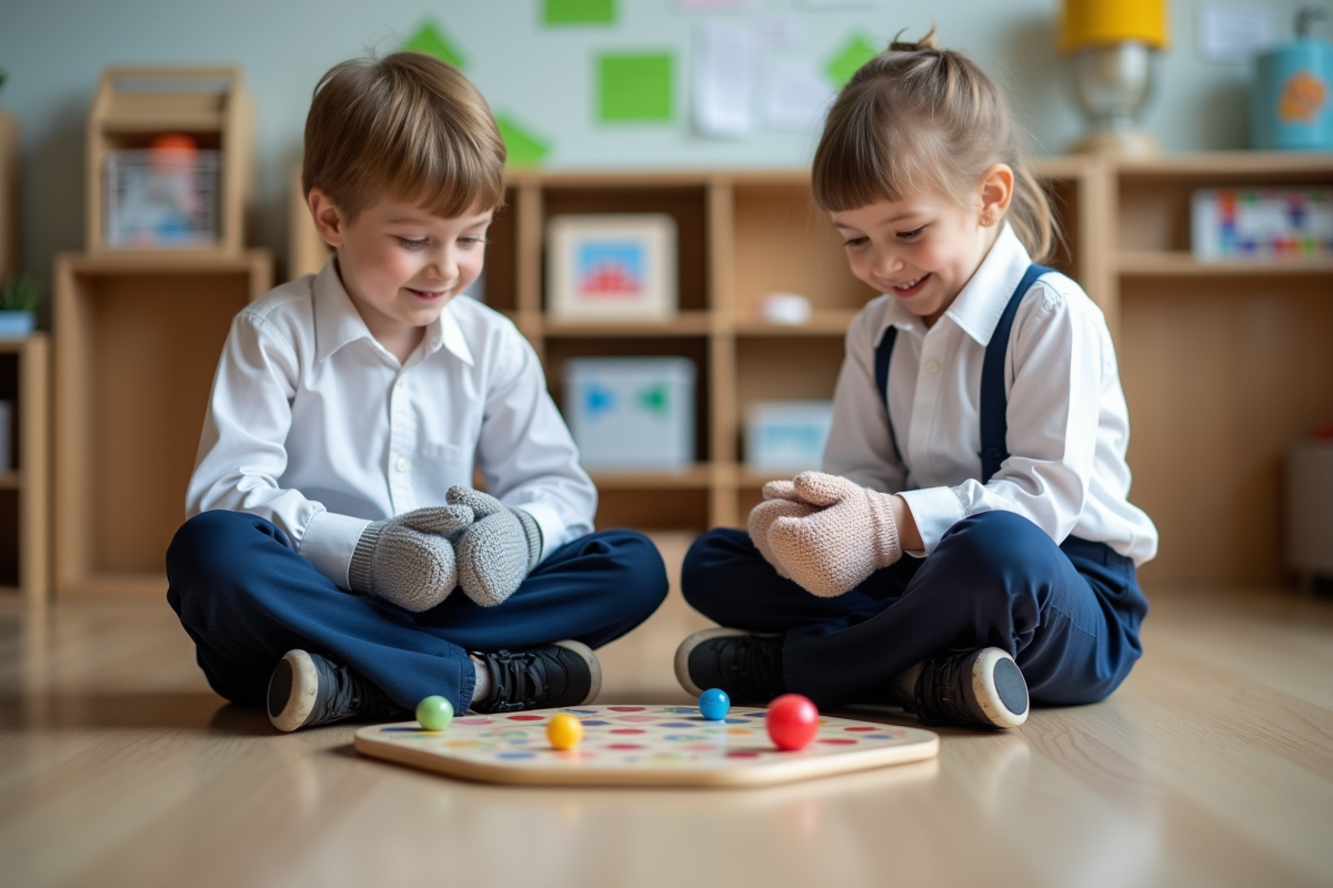Enfants jouant avec des moufles dans une classe