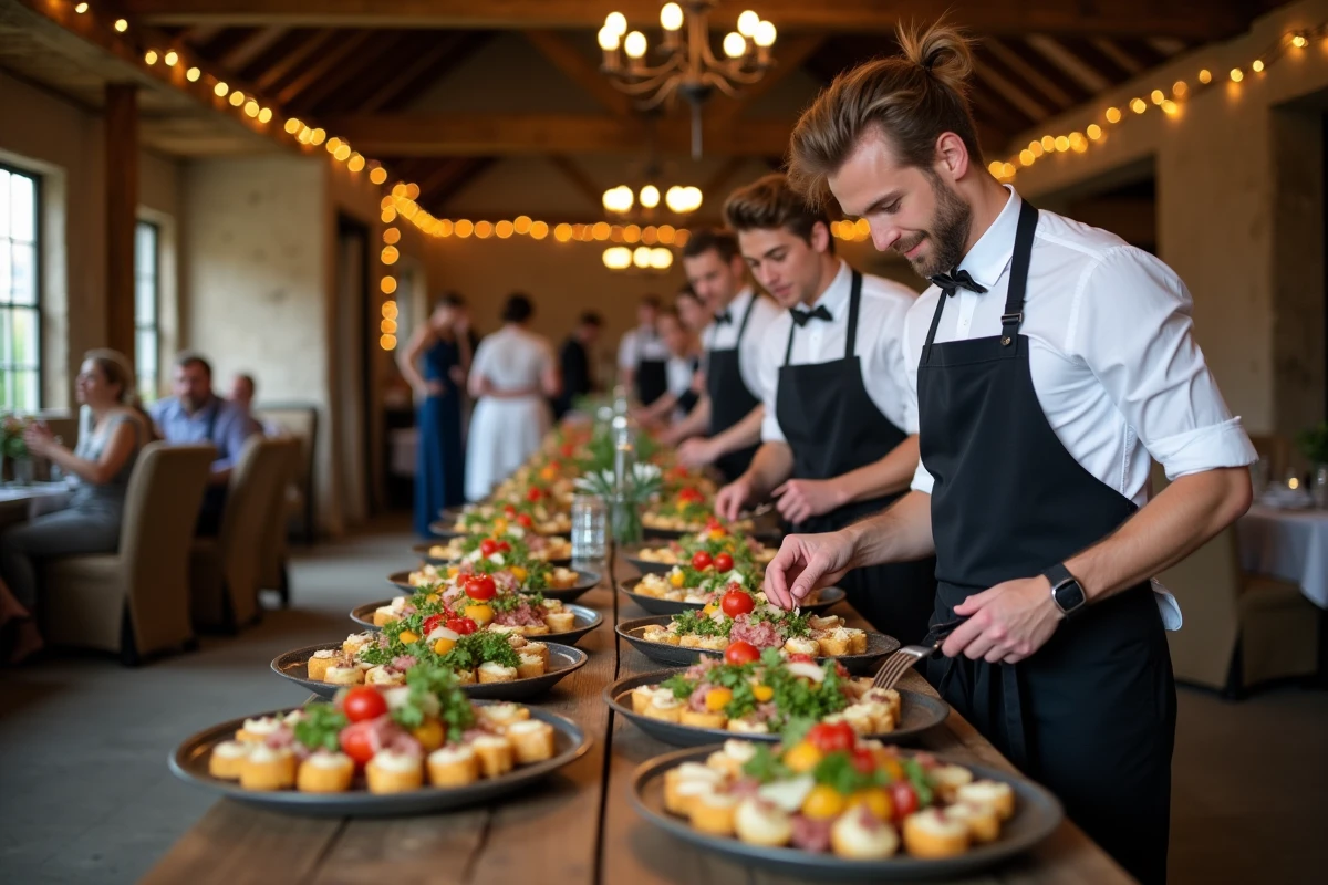 Équipe de traiteur mariage préparant un buffet de qualité dans une grange rénovée