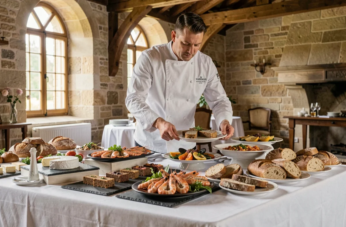 Chef traiteur gastronomique présentant un buffet de spécialités normandes pour un mariage à Rouen en Seine-Maritime