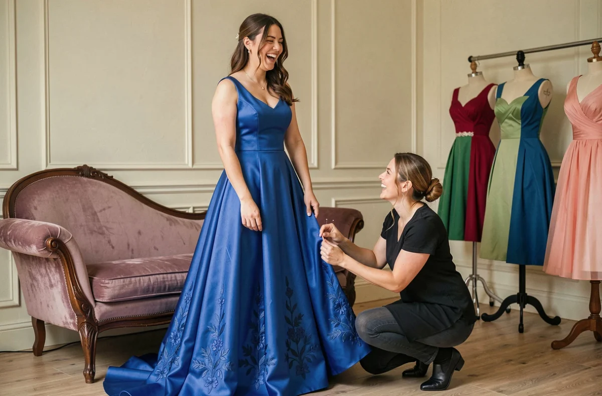 Essayage d'une robe de mariée colorée bleu cobalt sur mesure avec une couturière dans un studio de haute couture