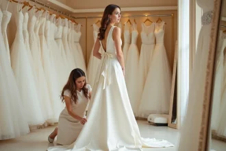 Essayage de robe de mariée en boutique avec une couturière qui effectue des retouches sur l'ourlet d'une robe ivoire en satin