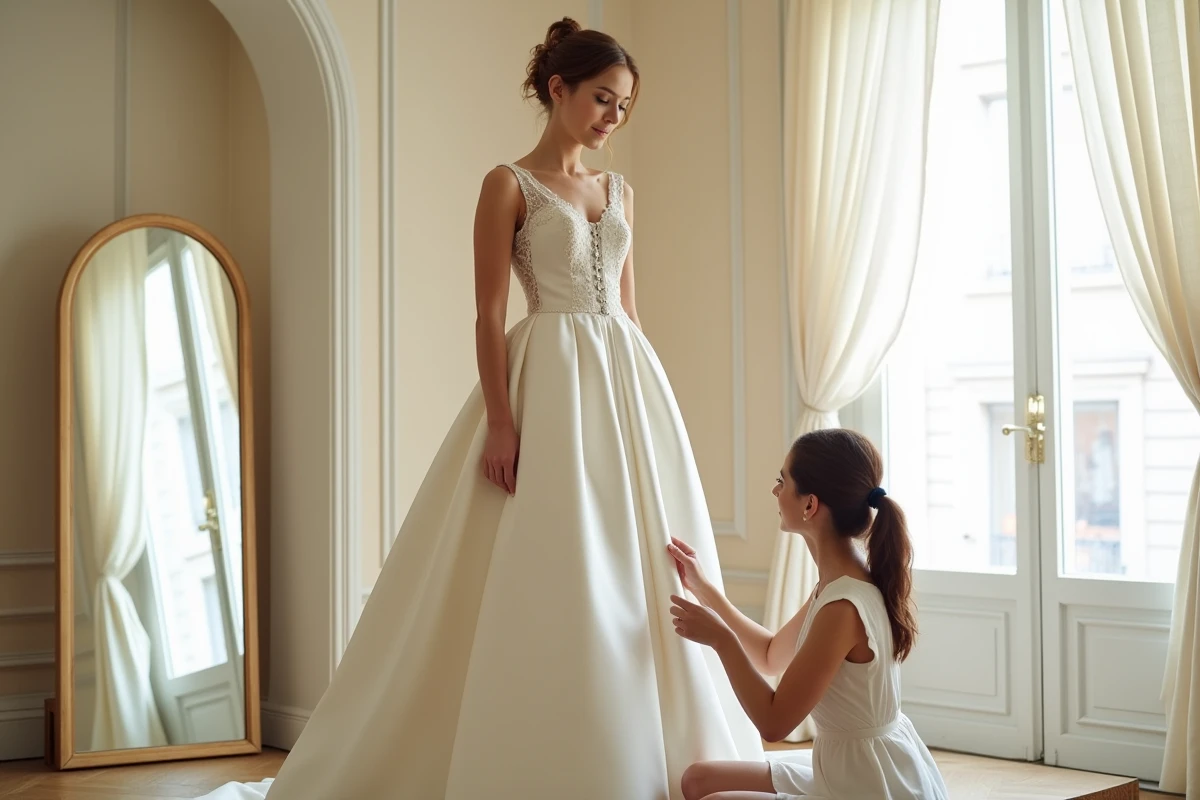 Essayage d'une robe de mariée en satin sur mesure dans une boutique de couture nuptiale française avec une couturière ajustant l'ourlet