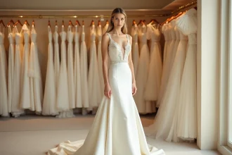 Femme essayant une robe de mariée sur-mesure en satin ivoire dans une boutique de mariage élégante avec miroir et portants de robes