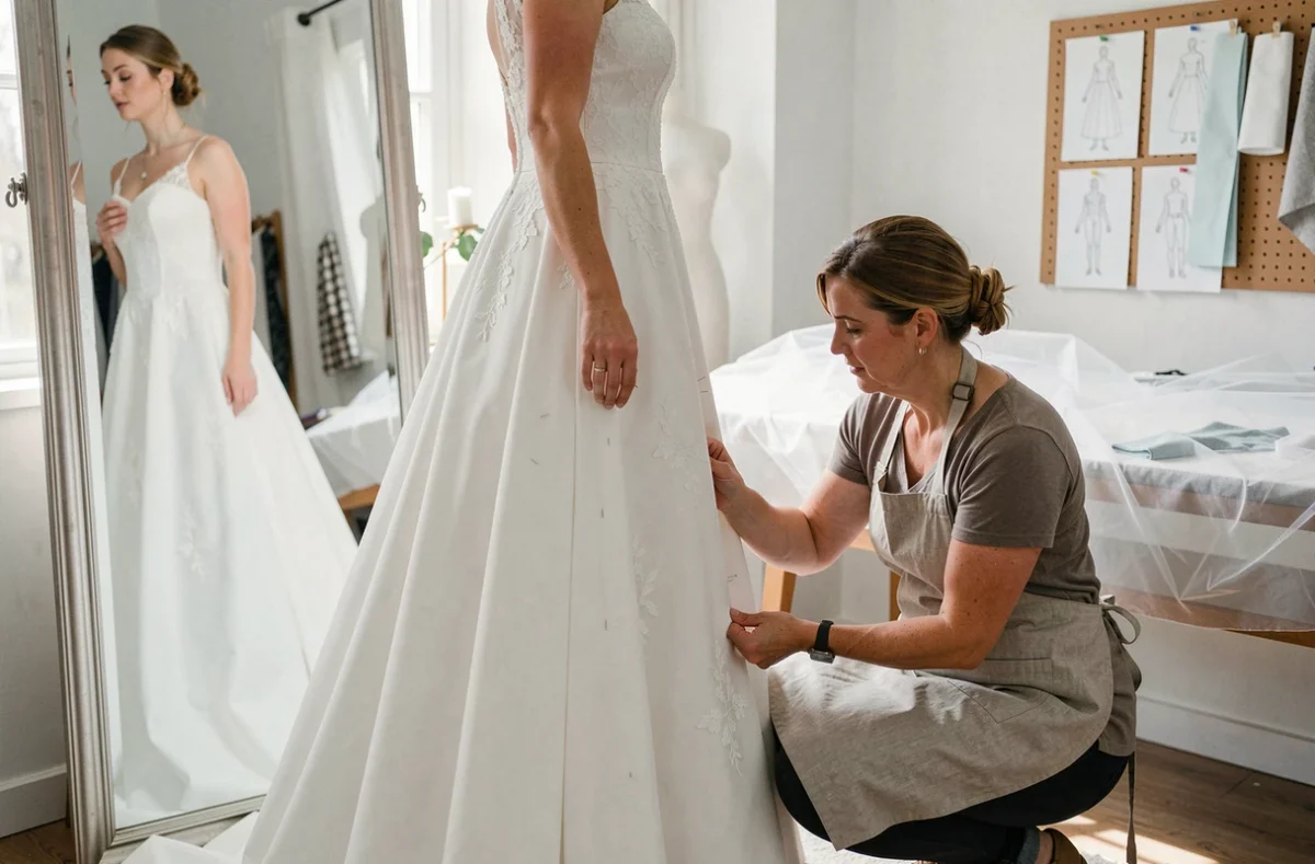 Couturière ajustant une robe de mariée blanche sur mesure lors d'un essayage dans un atelier de couture professionnel