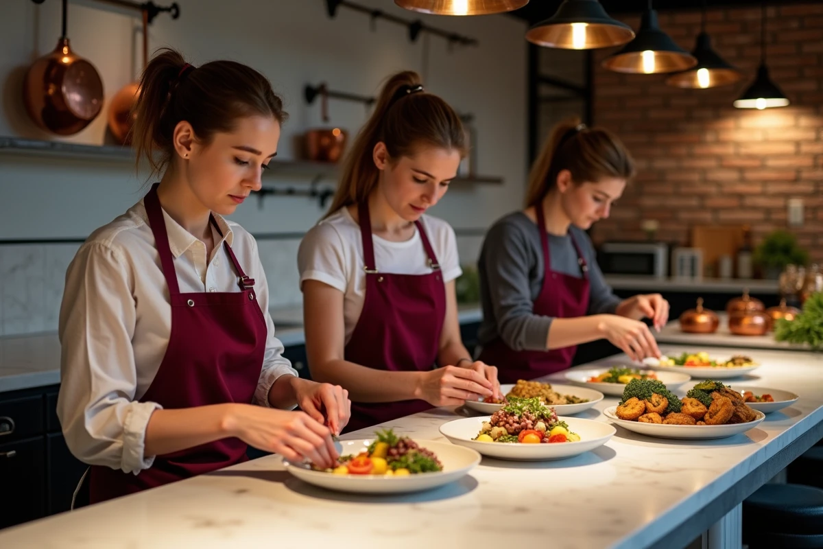 Amies participant à un atelier cuisine gastronomique original pour un enterrement de vie de jeune fille sans kitsch