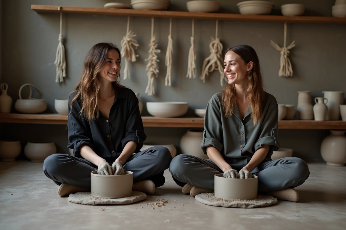 Deux femmes lors d'un atelier poterie créatif et original pour célébrer un enterrement de vie de jeune fille tendance