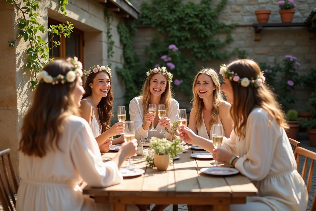 Groupe d'amies célébrant un enterrement de vie de jeune fille élégant dans un jardin bohème avec champagne et décoration florale raffinée