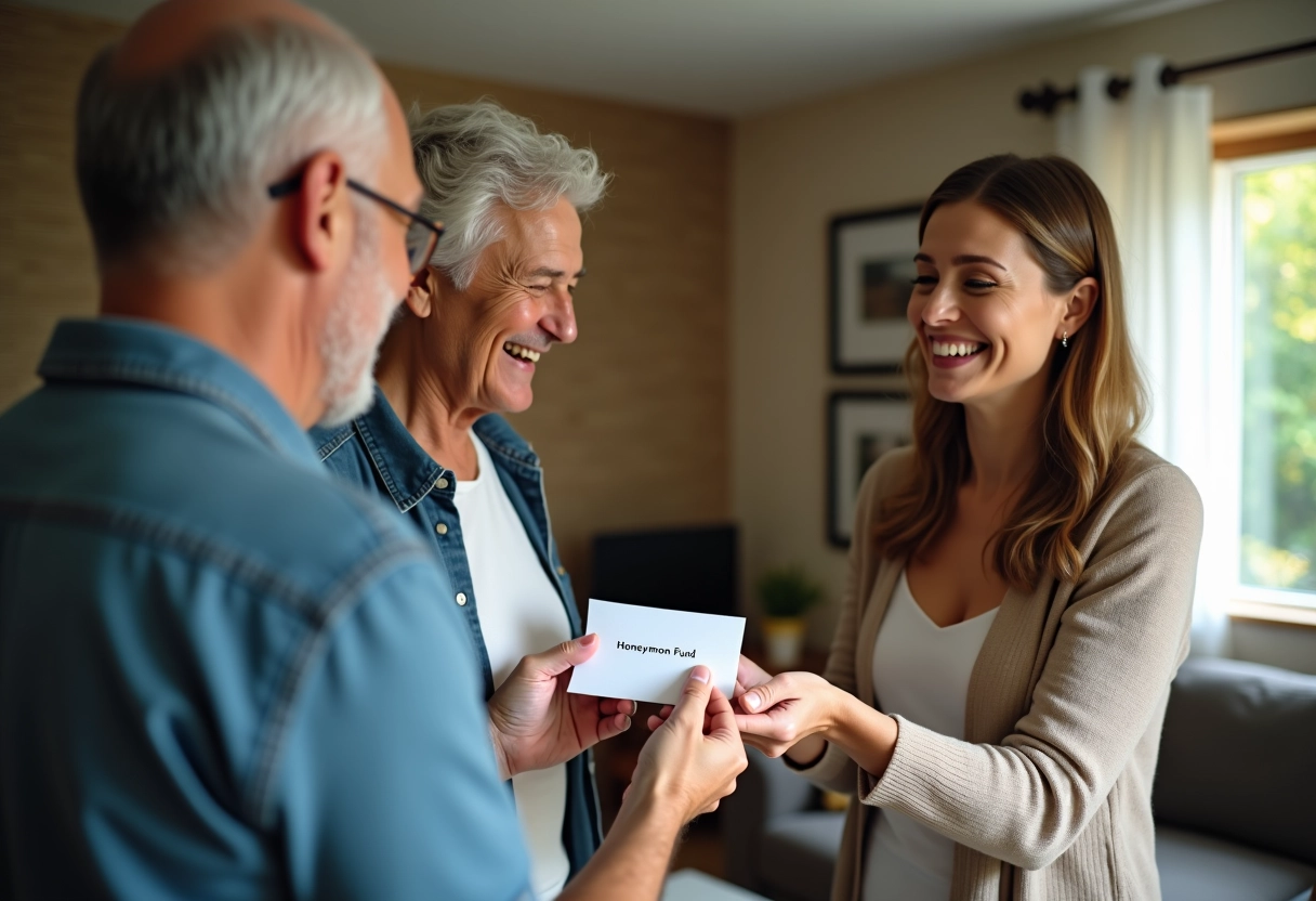 Famille échangeant une enveloppe pour la lune de miel