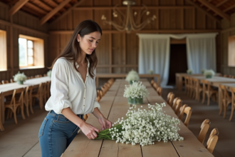 Jeune femme arrangeant des fleurs blanches dans un barn