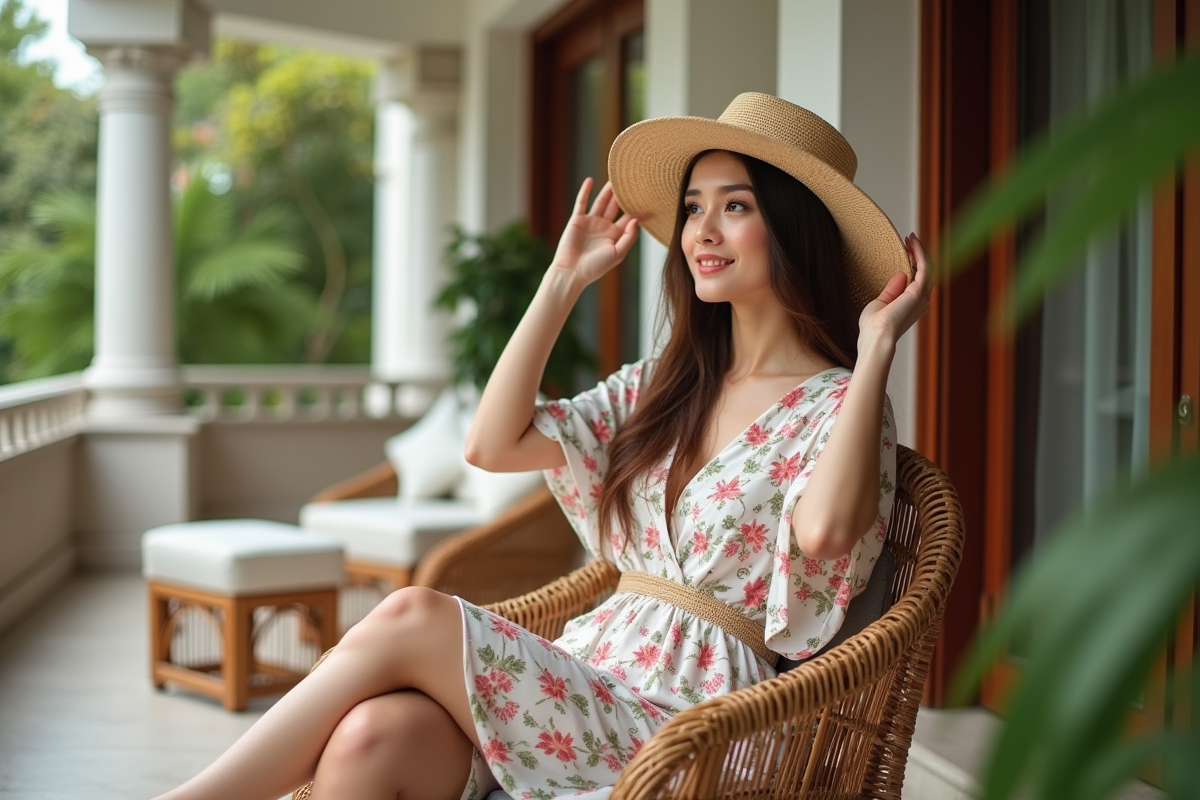 Femme détendue ajustant son chapeau sur un balcon élégant