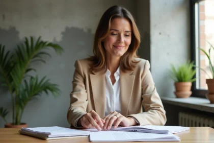 Femme posant sa main avec un anneau en or dans un bureau moderne