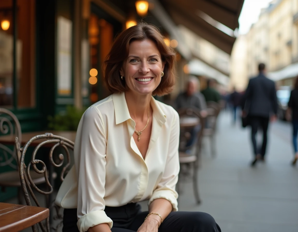 Femme élégante assumant son célibat attablée à la terrasse d'un café parisien en 2026