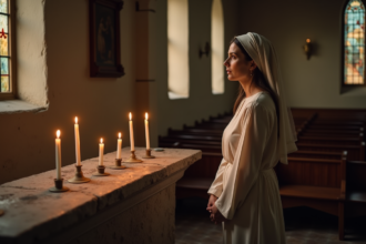 Femme contemplative devant un autel avec bougies dans une chapelle ancienne