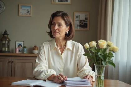 Femme en blouse crème avec boucles d'oreilles perles lisant des documents