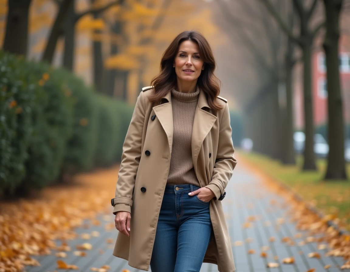 Femme élégante marchant seule sur une avenue en automne illustrant vie amoureuse et célibat assumé