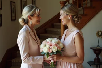 Femme élégante offrant un bouquet de roses et pivoines à une mariée