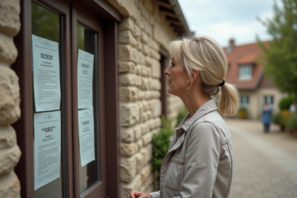 Femme française curieuse devant une mairie rurale