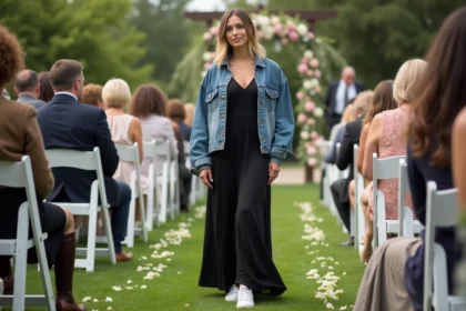 Femme en robe noire décontractée dans un jardin de mariage