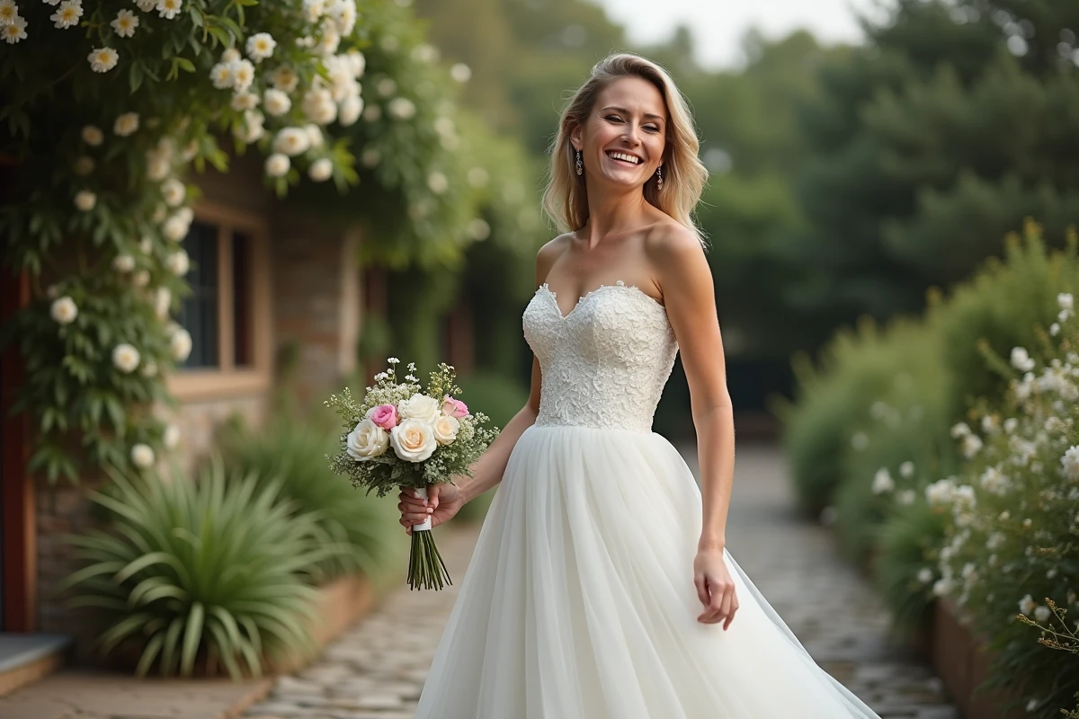 Femme en robe de mariée dans un jardin naturel en plein air