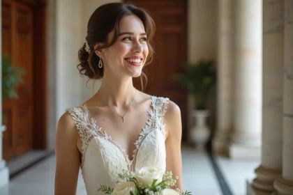 Femme souriante en robe ivoire lors d'un mariage