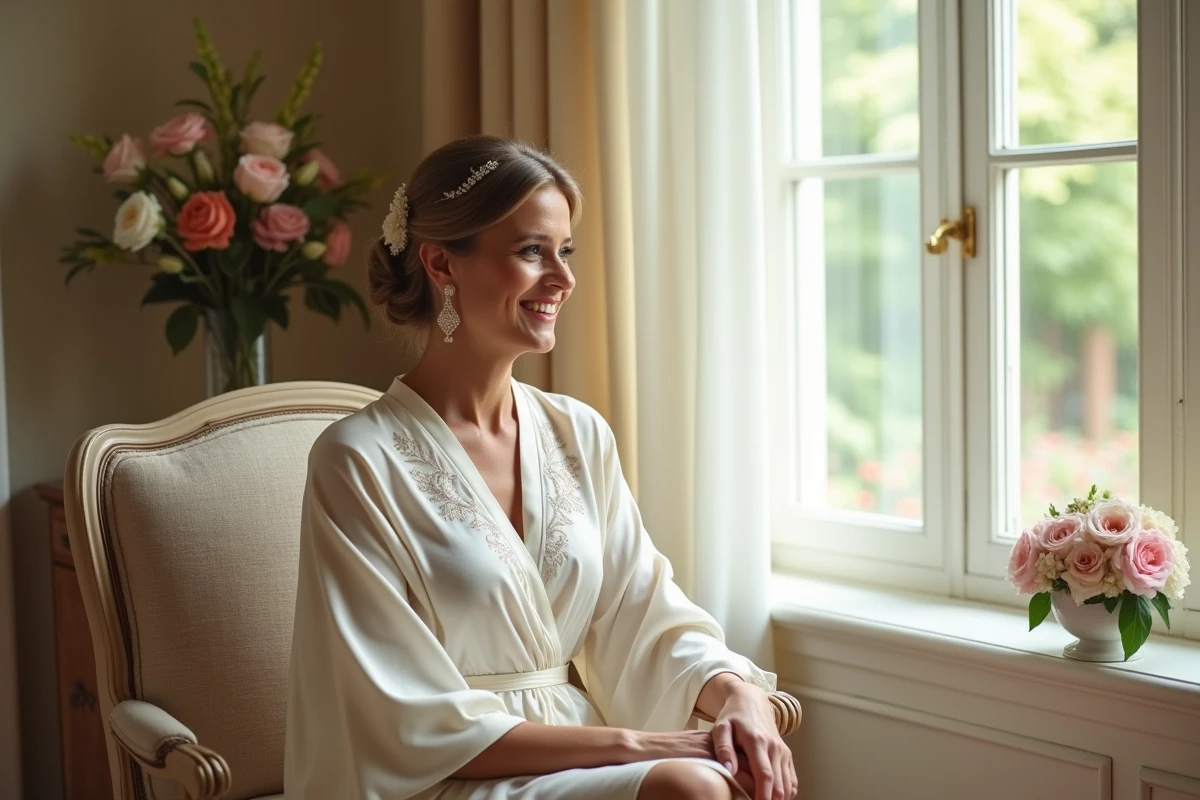 Femme souriante en robe courte dans un salon lumineux