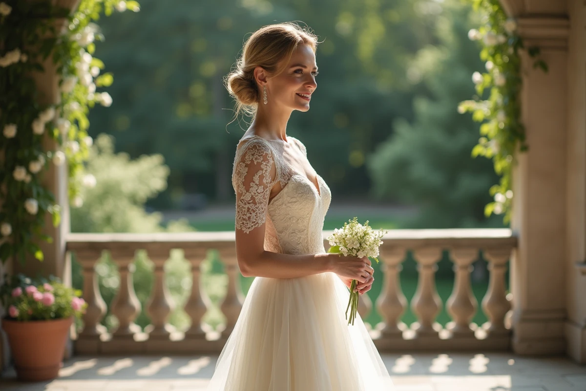 Femme élégante en robe de mariée sur une terrasse