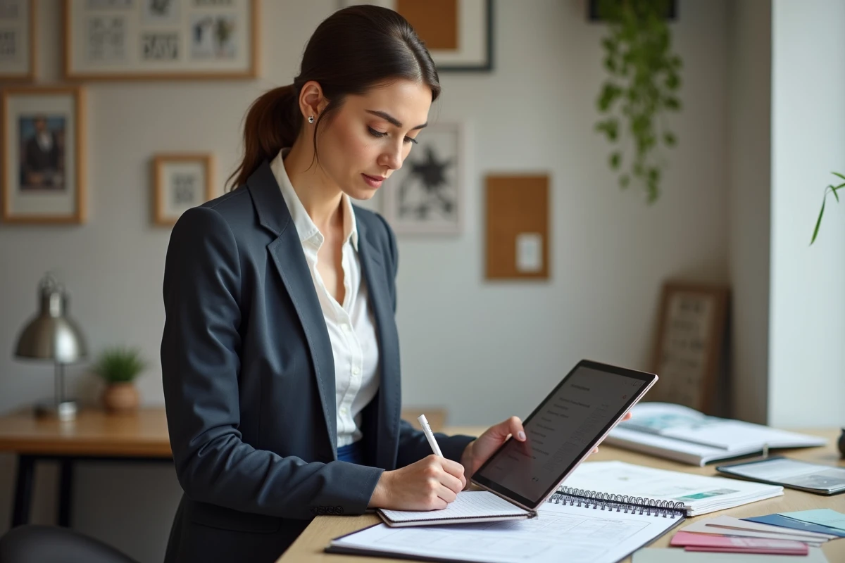 Femme wedding planner vérifiant une checklist sur une tablette