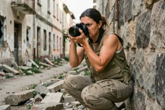 Femme photographe de guerre accroupie derrière un mur en ruines dans une rue détruite, tenant un appareil photo professionnel
