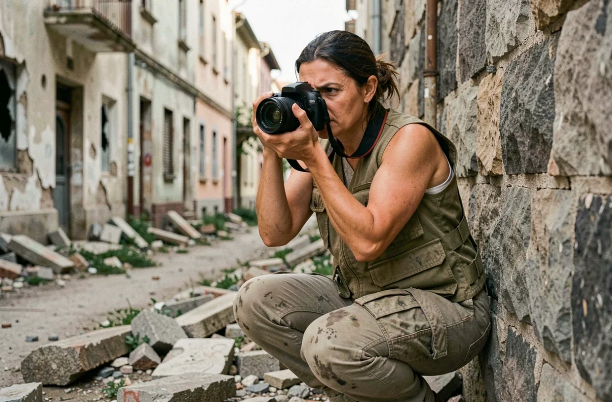 Femme photographe de guerre accroupie derrière un mur en ruines dans une rue détruite, tenant un appareil photo professionnel