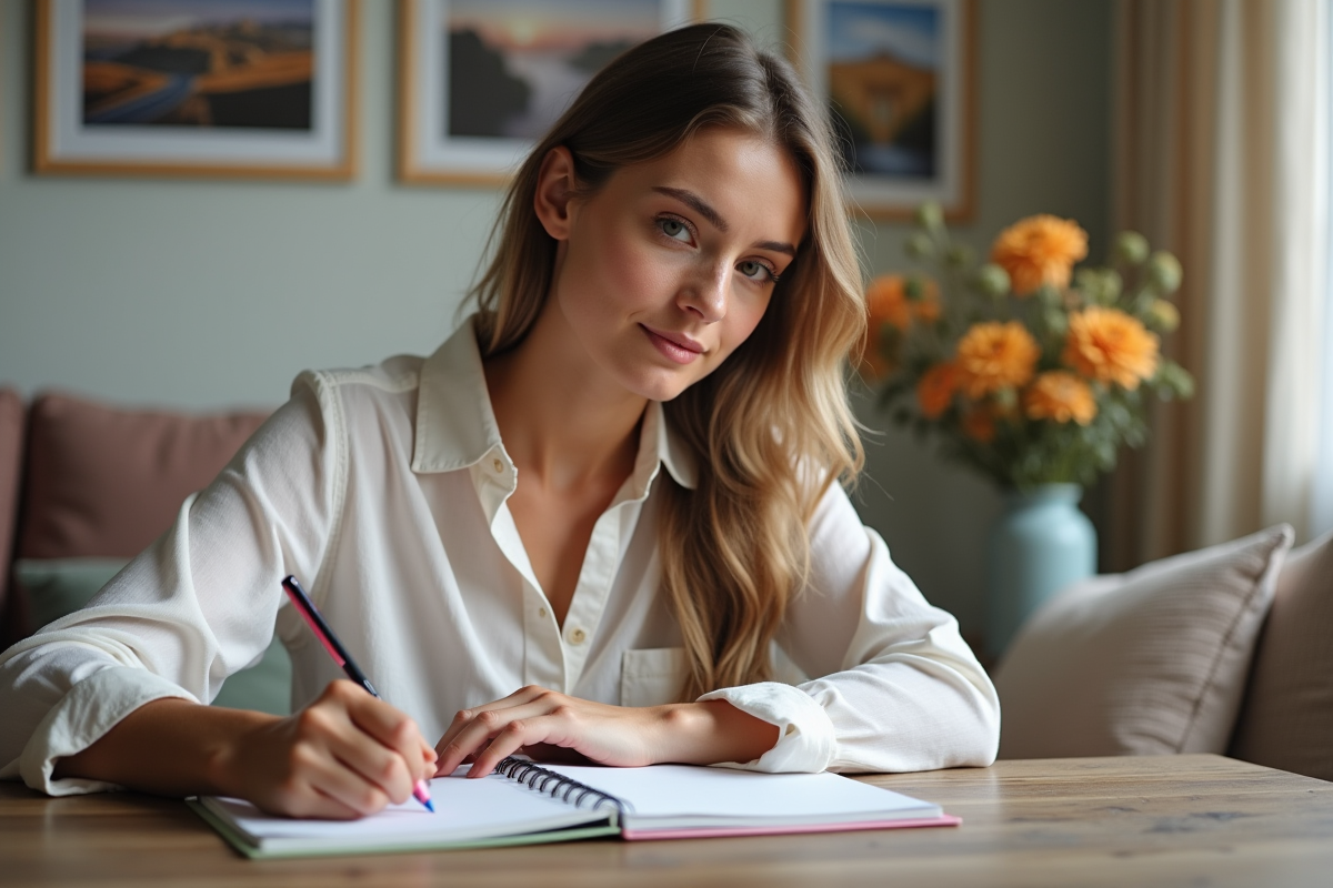 Femme concentrée prenant des notes dans un intérieur cosy