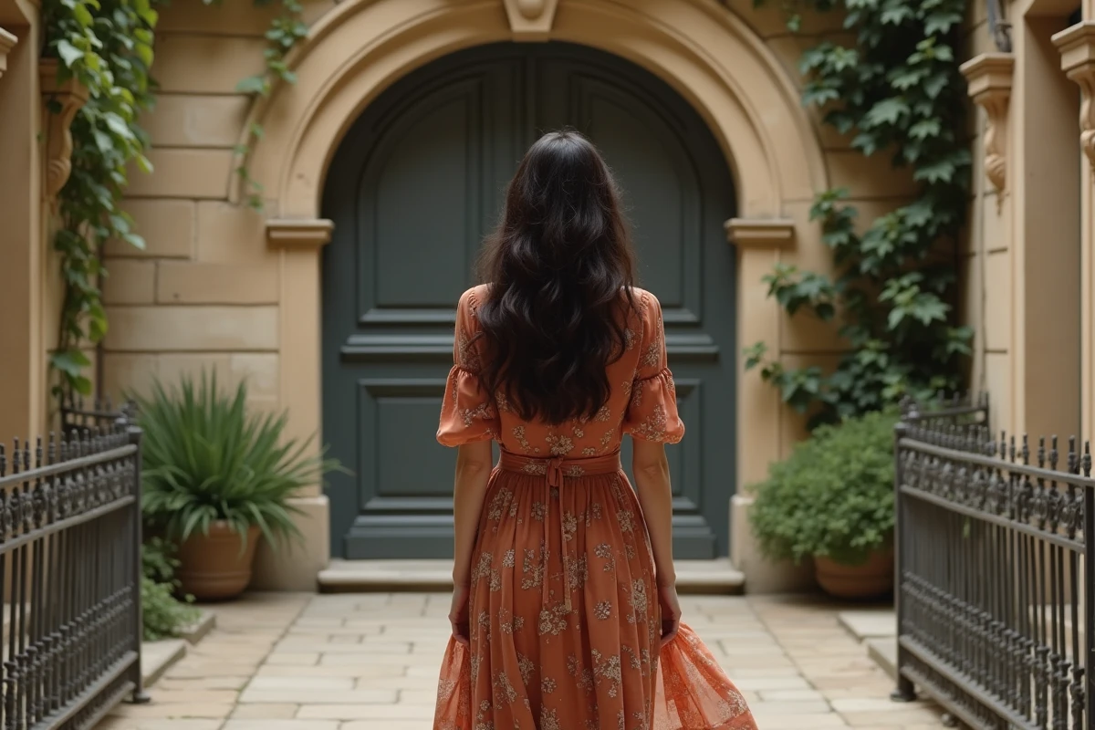 Femme en robe florale terracotta dans une cour haussmannienne parisienne, plan en pied