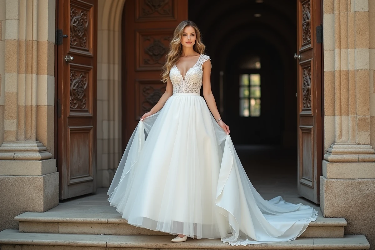 Femme en robe de mariée sur escaliers anciennes avec chaussures en lace