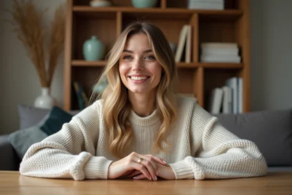 Femme souriante portant une bague en or dans un salon cosy