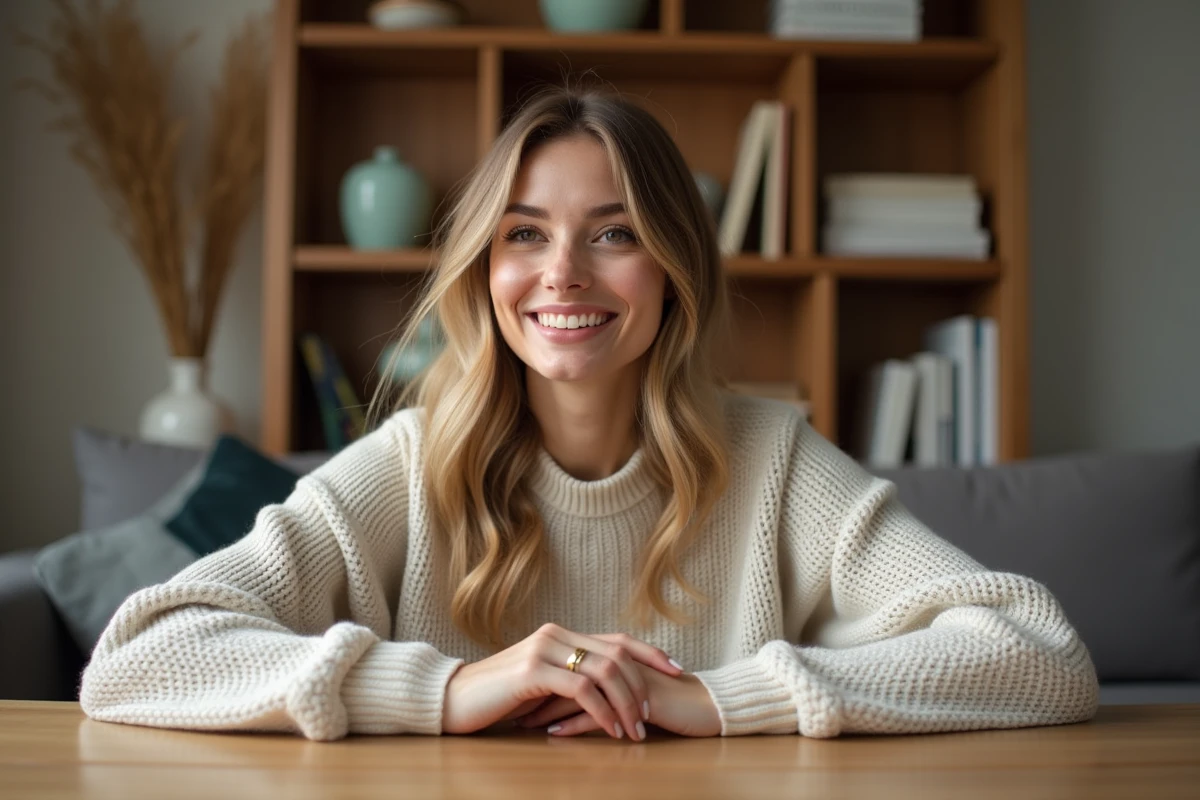 Femme souriante portant une bague en or dans un salon cosy