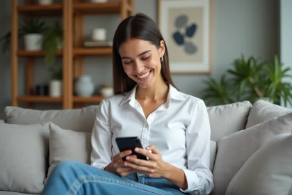 Femme souriante avec smartphone dans un salon moderne