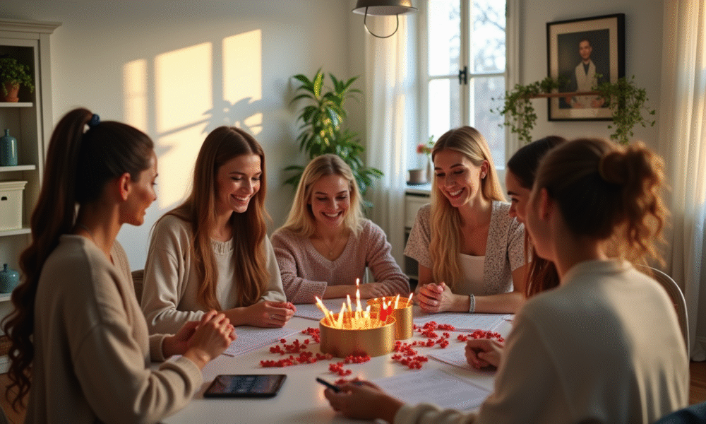 Femmes souriantes échangeant des cadeaux dans un salon lumineux