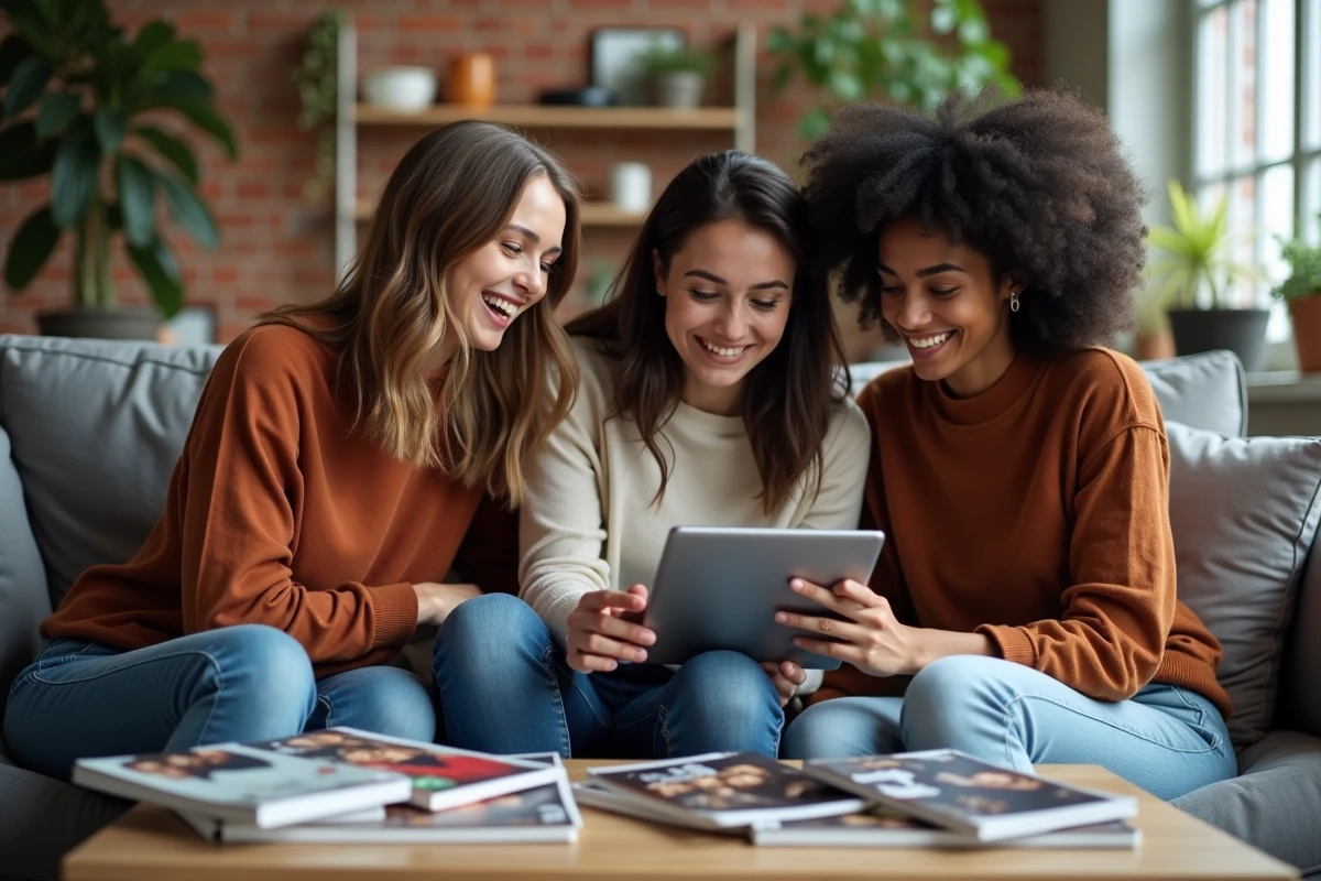 Groupe de femmes discutant de l'actualité des célébrités sur une tablette dans un salon moderne et chaleureux
