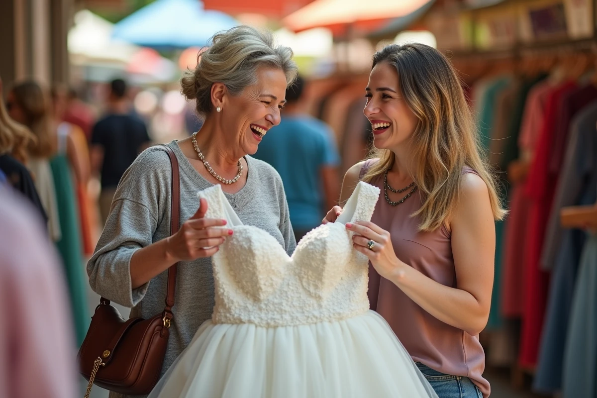 Deux femmes joyeuses examinant une robe de mariage d