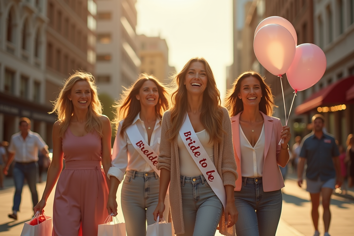 Femmes riant marchant en ville avec sacs et ballons de mariage