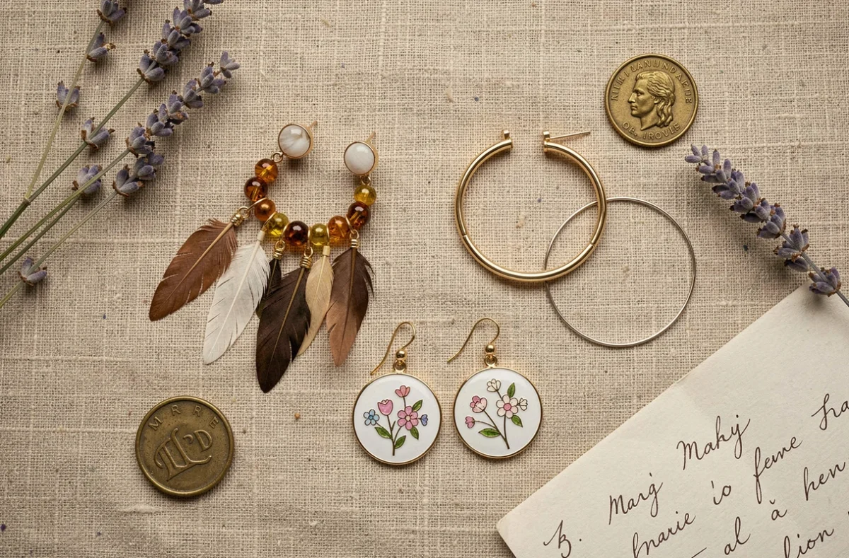 Flat-lay de plusieurs boucles d'oreilles marie en styles bohème, chic et minimaliste sur tissu lin brut