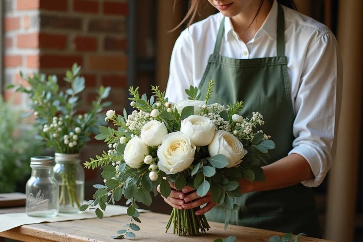 Fleuriste en tablier vert arrangeant un bouquet de mariée avec pivoines et roses blanches dans un atelier artisanal