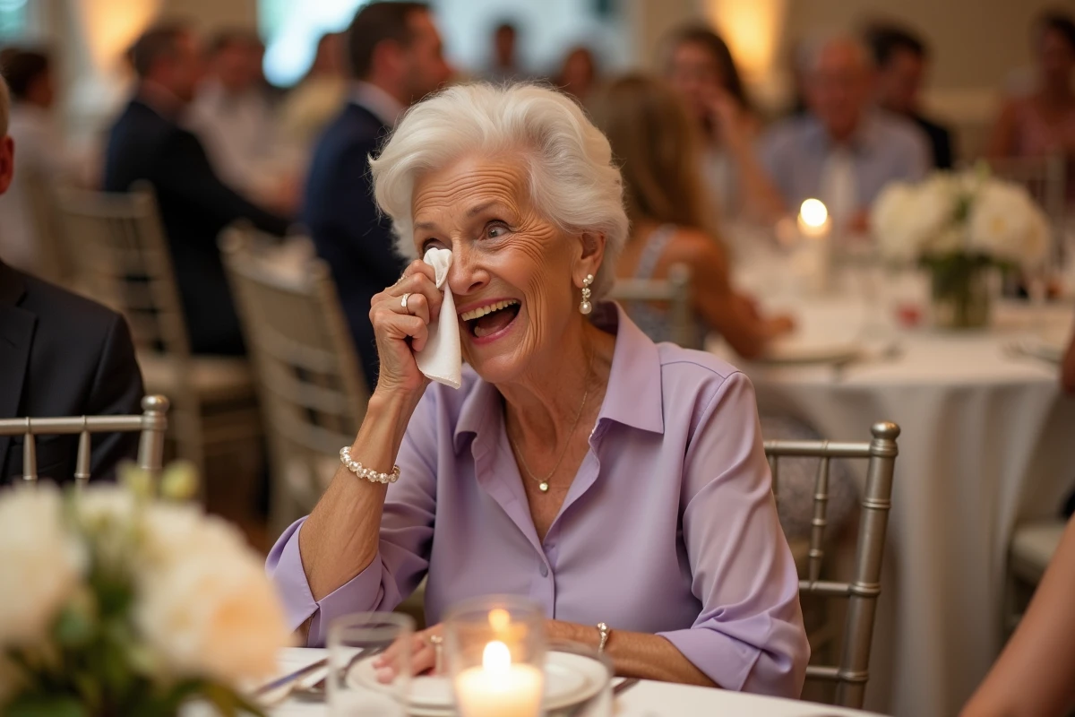 Grand-mère émue aux larmes lors d'une chanson surprise de mariage lors de la réception familiale