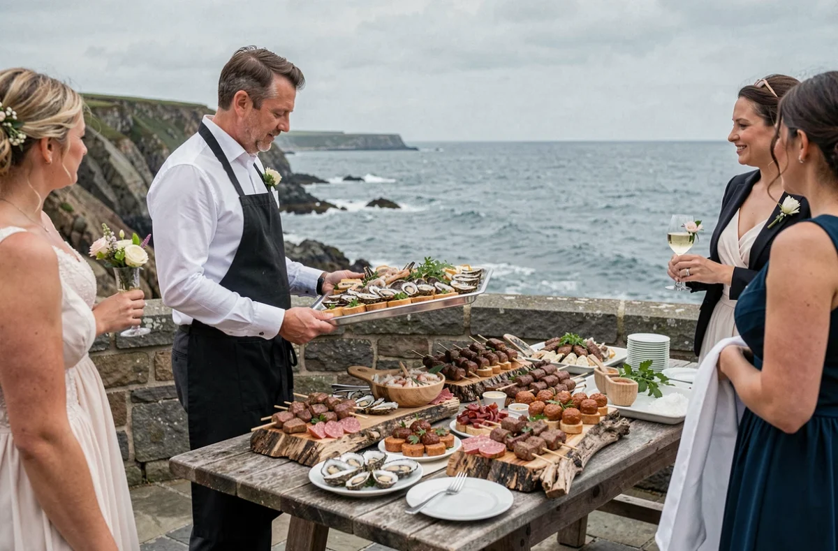 Service de cocktail de mariage avec spécialités de la Manche sur une terrasse en pierre face à la mer