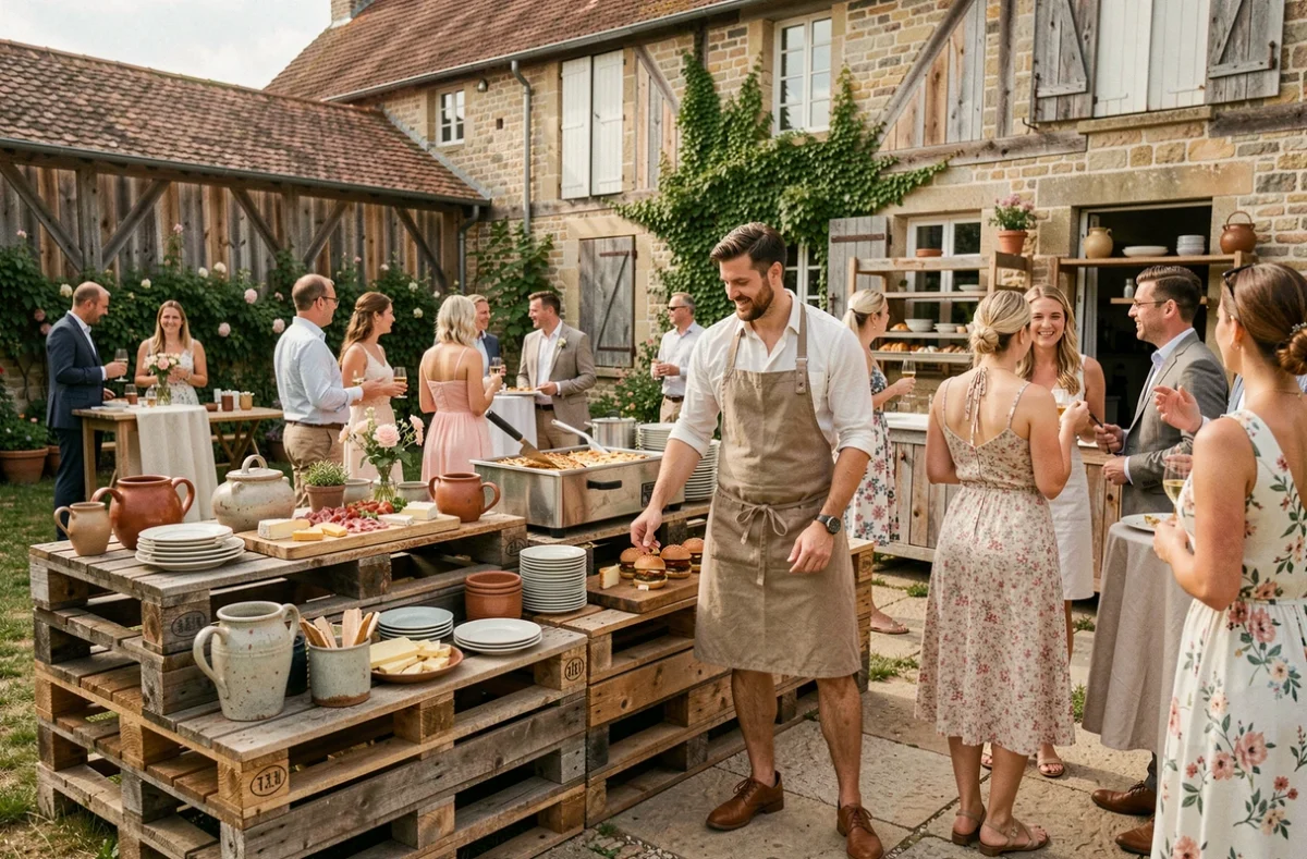 Station buffet flexible et décontractée avec crêpes et planches apéritives lors d'un mariage champêtre en Normandie