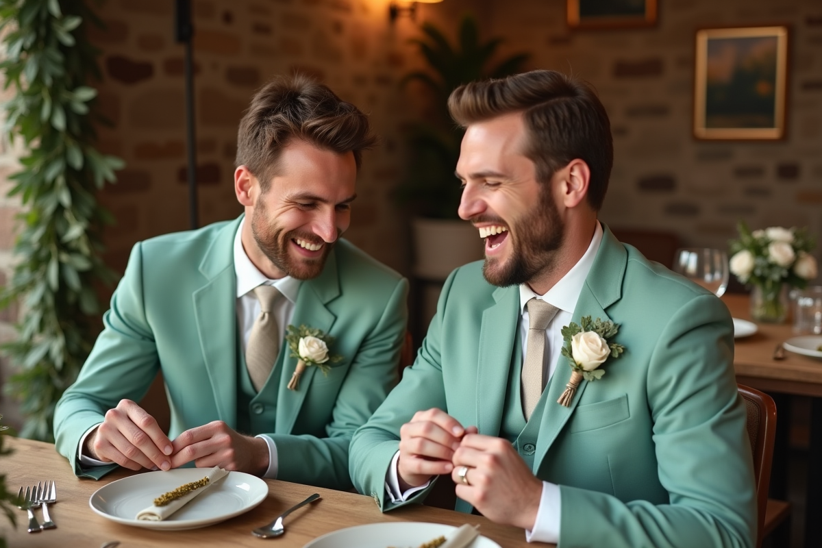 Groom et témoin en costumes verts partageant un rire