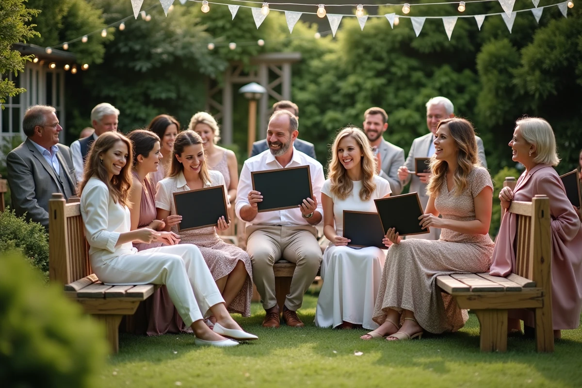 Groupe d invités participant à un quiz de mariage en extérieur