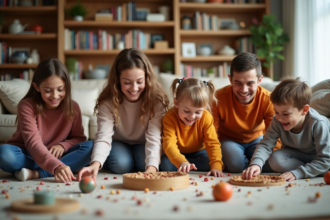 Groupe d'enfants et adultes dans un salon coloré et convivial